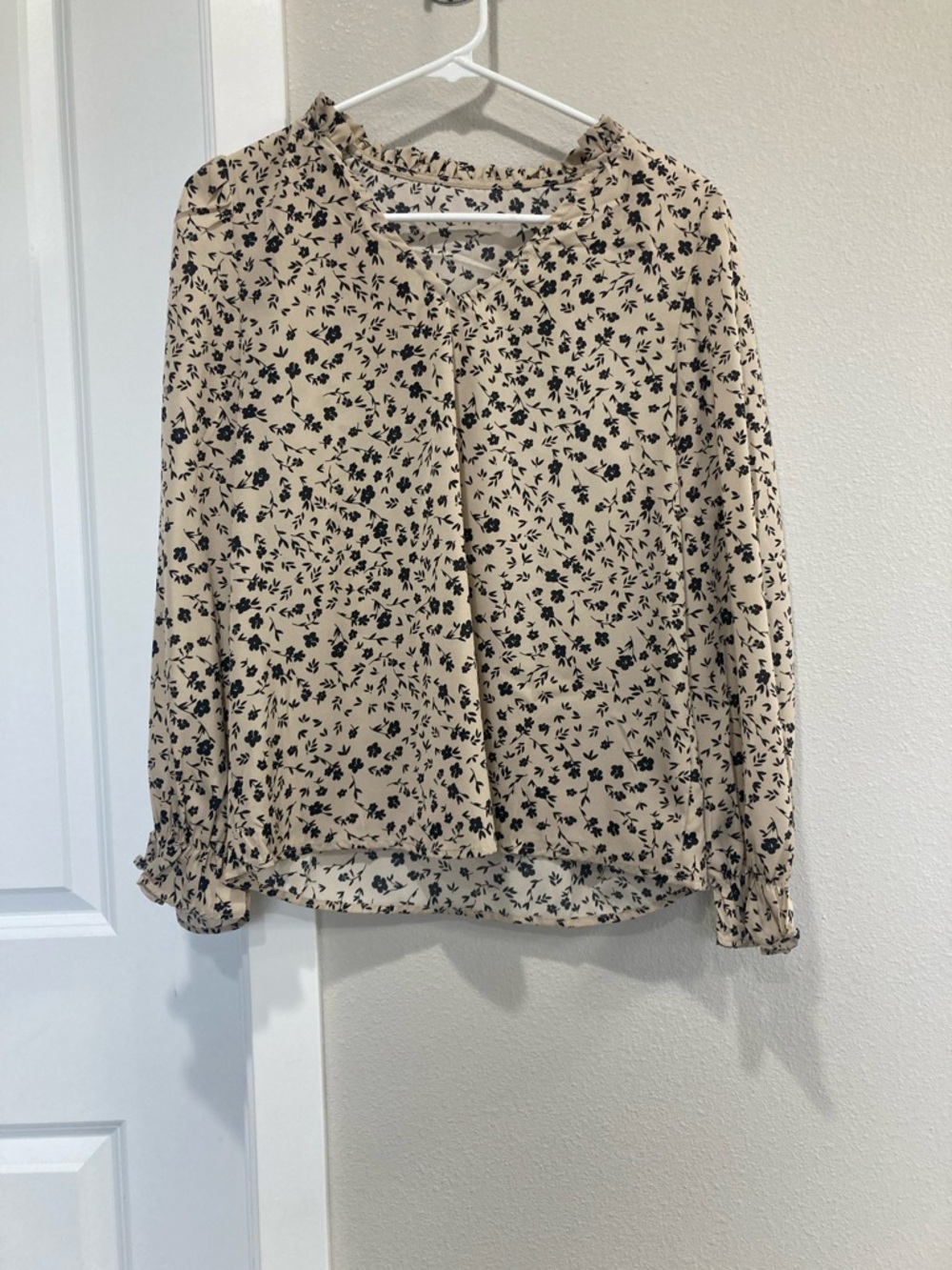 Beige Floral Long-Sleeve Blouse - Feminine Ruffle Detail